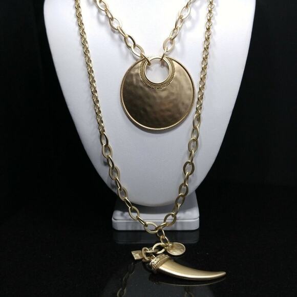 Chico's Two Pendant Necklace Set, Gold Tone Pendant, Faux Horn, NWT,  16 & 28 In - Picture 3 of 8